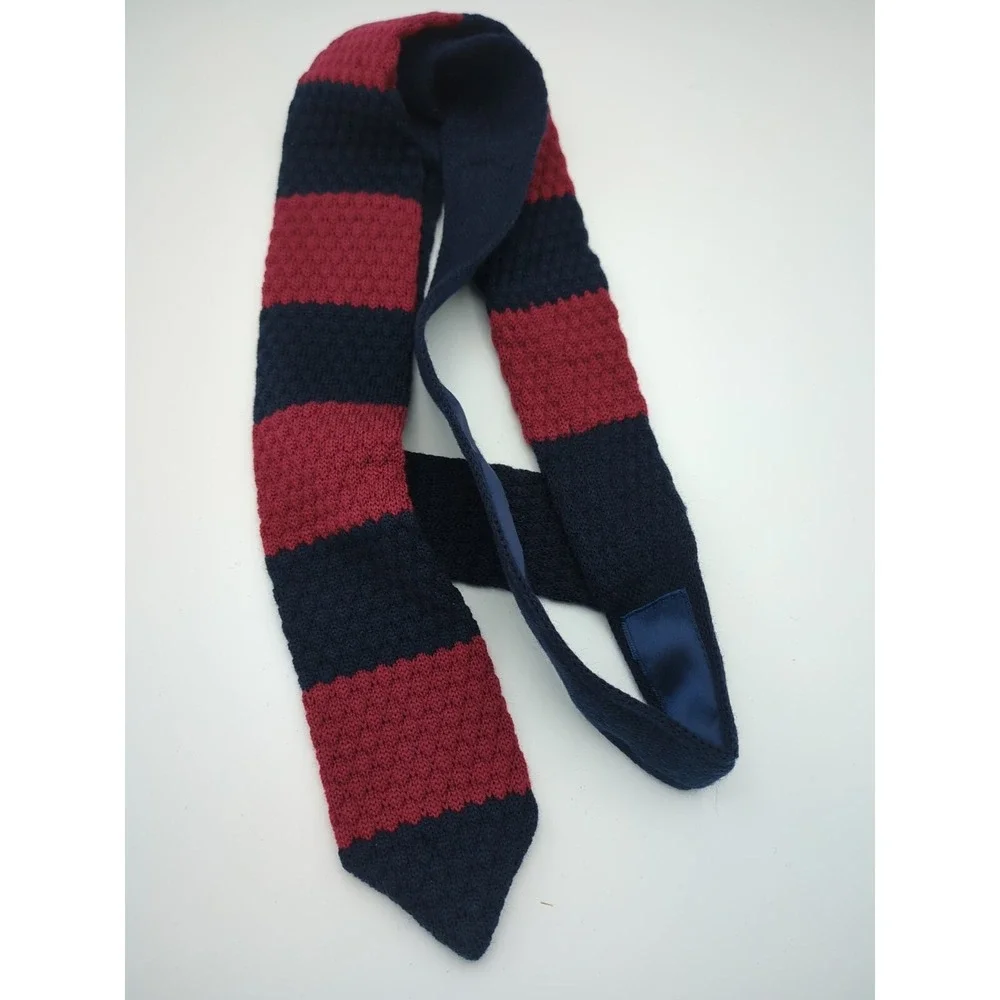 2014‎ The Knottery New York 100% Wool Necktie Striped Maroon & Navy Blue